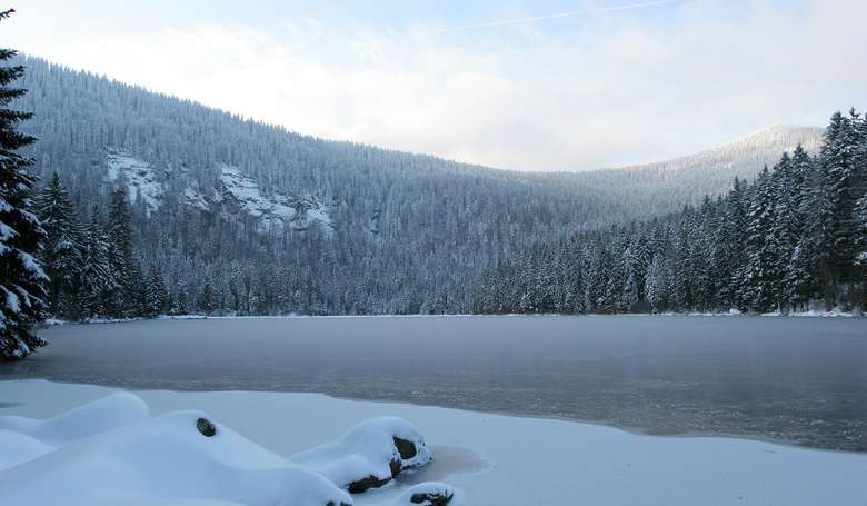 Im Winter ruht der Große Arbersee unter einer dicken Eisschicht. Foto: Landratsamt Regem/Engl